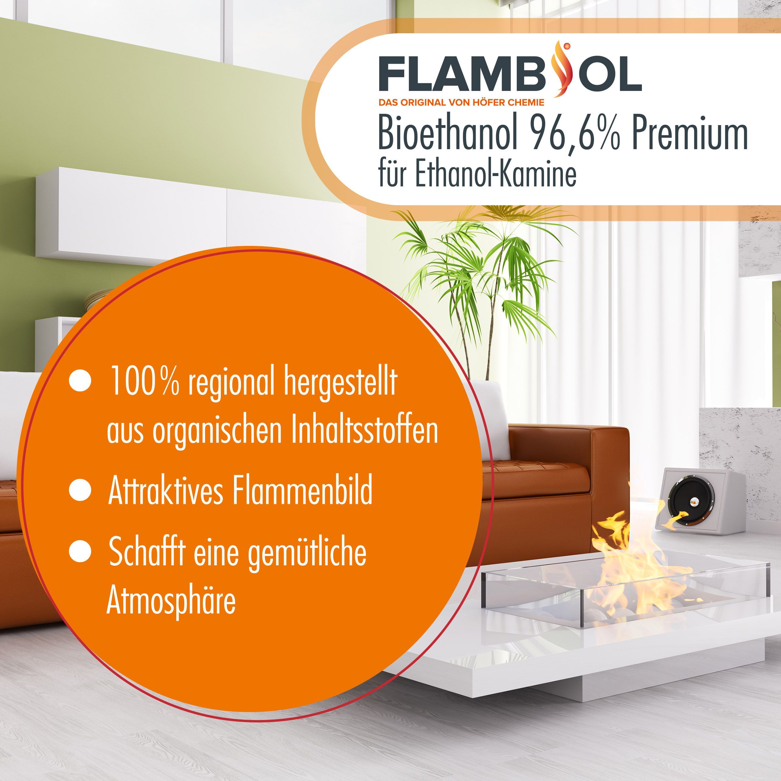 10 L FLAMBIOL® Bioethanol 96,6% Premium für Ethanolkamin in Kanistern