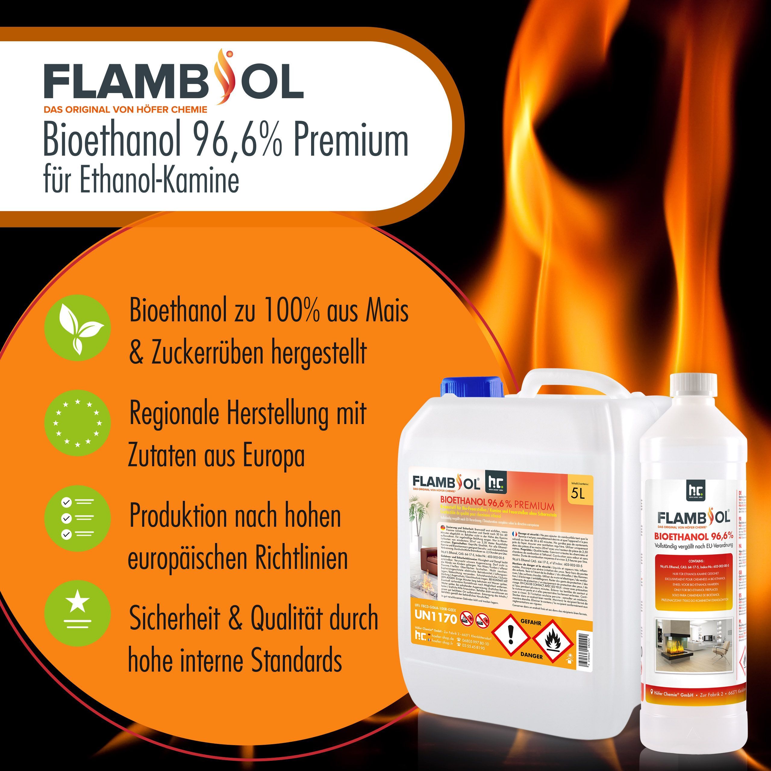 5 L FLAMBIOL® Bioethanol 96,6% Premium für Ethanol-Brenner oder Kamine