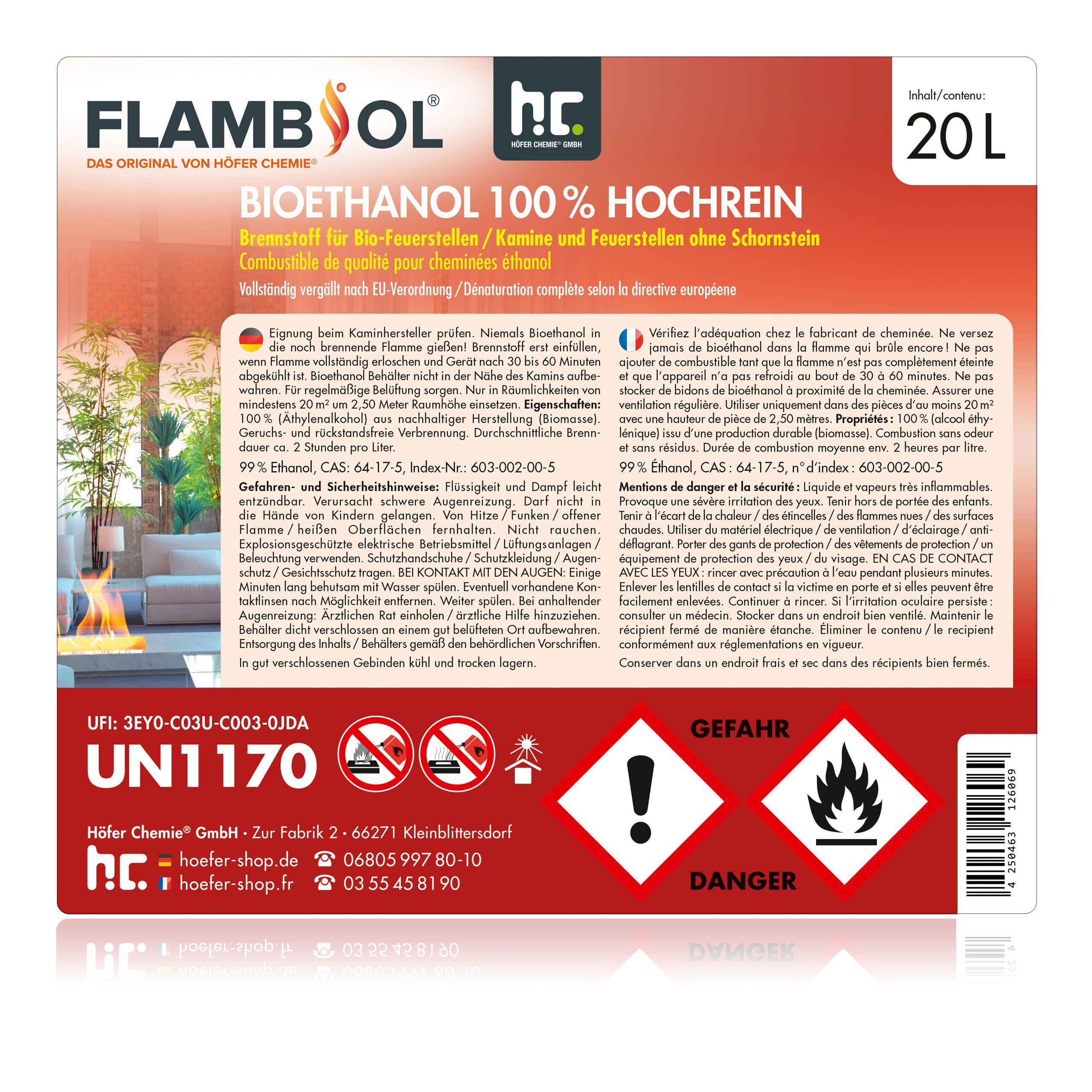20 L FLAMBIOL® Bioethanol 100% Hochrein
