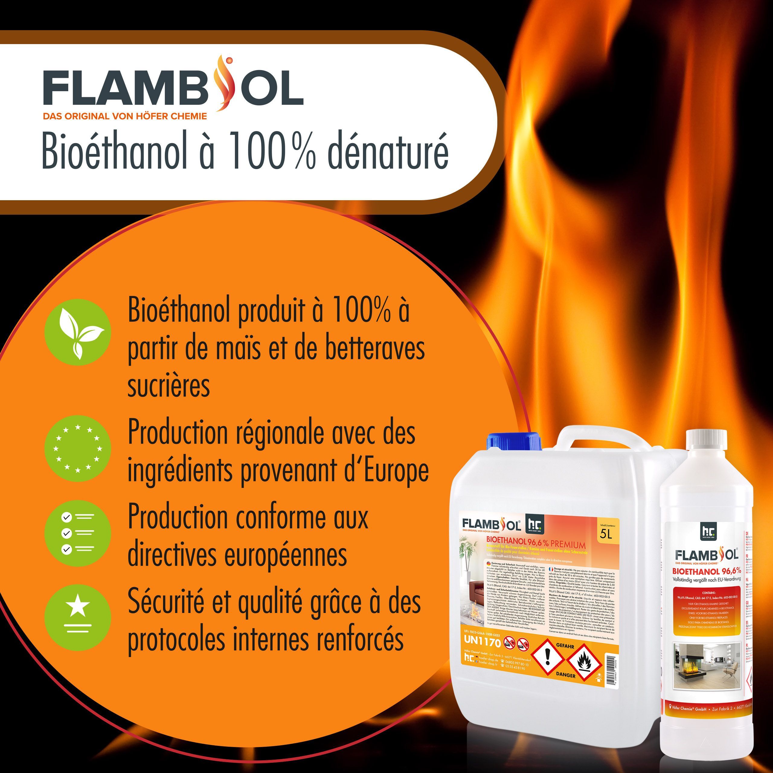 10 L FLAMBIOL® Bioethanol 96,6% Premium für Ethanolkamin in Kanistern